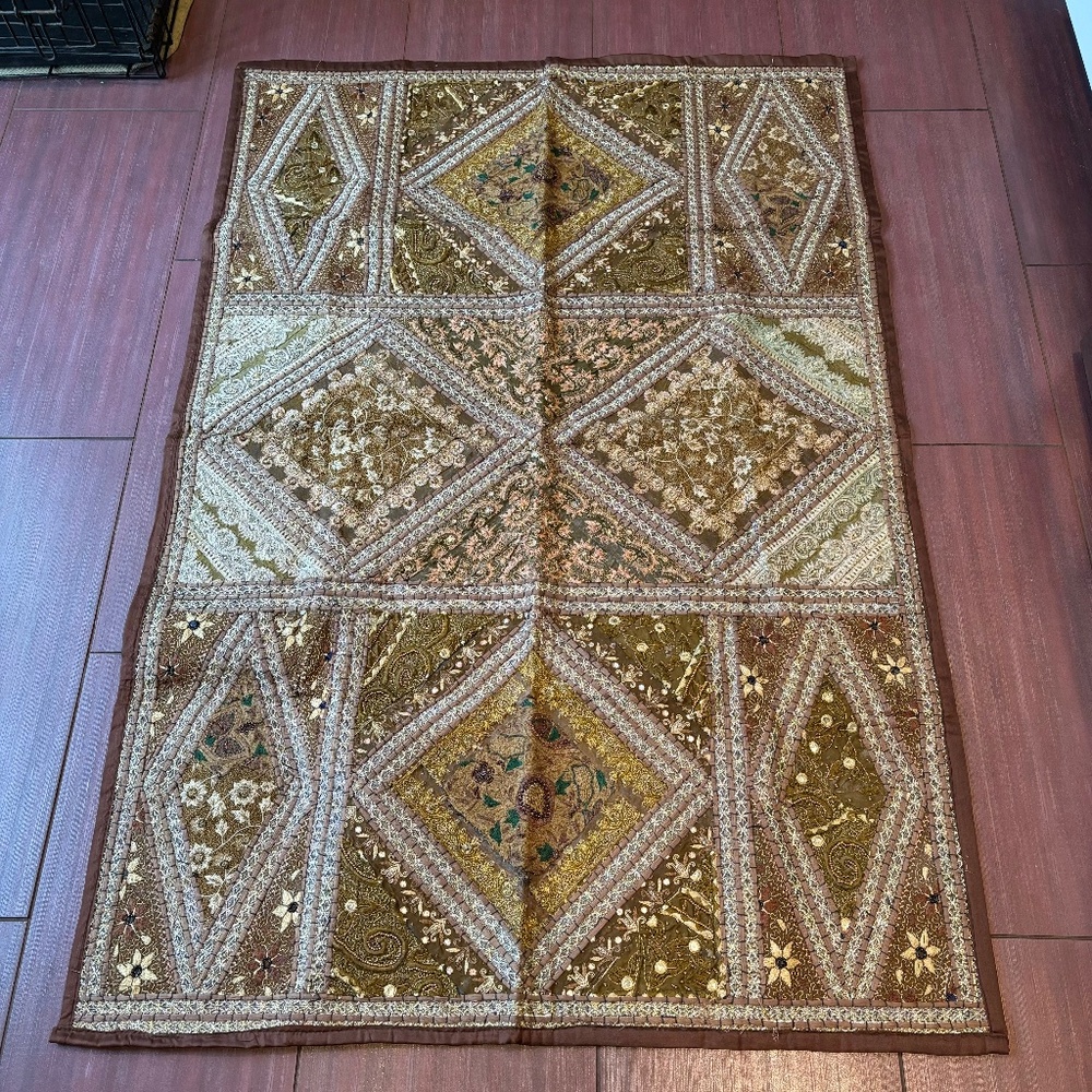 Hand embroidered and beaded tapestry wall hanging